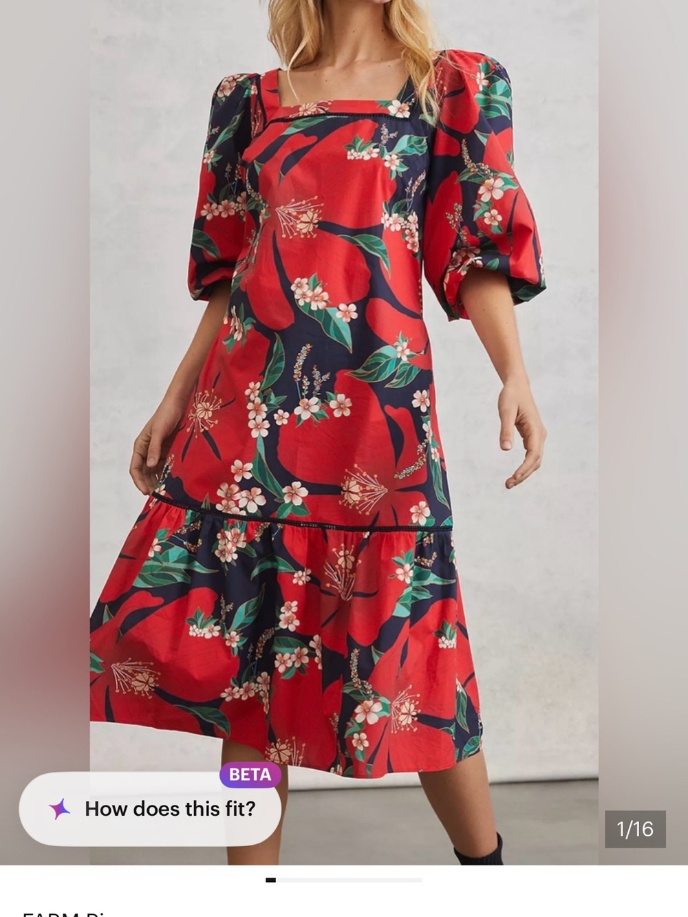 FARM Rio Red and Navy Floral Puff-Sleeve Midi Dress